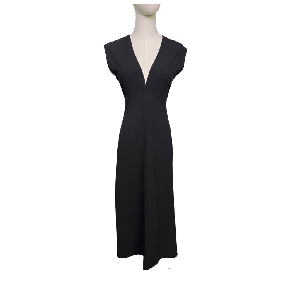 A.L.C. Black Midi Dress Lace Up Back Cutout V Neck Cotton Minimalist 0